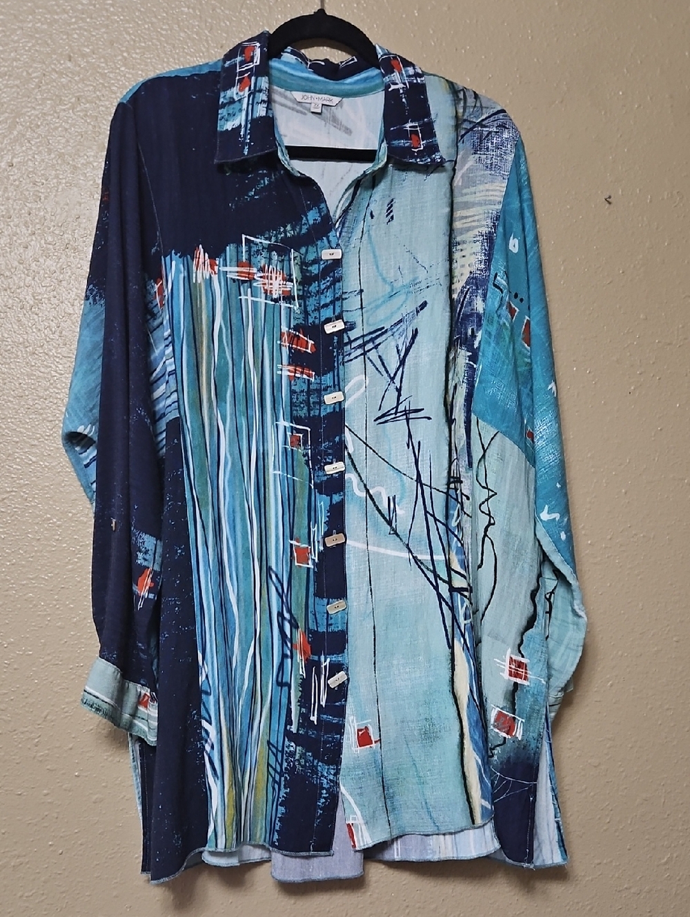 John Mark 2X Abstract Blue Button-Up Art Print Shirt Tunic Artsy